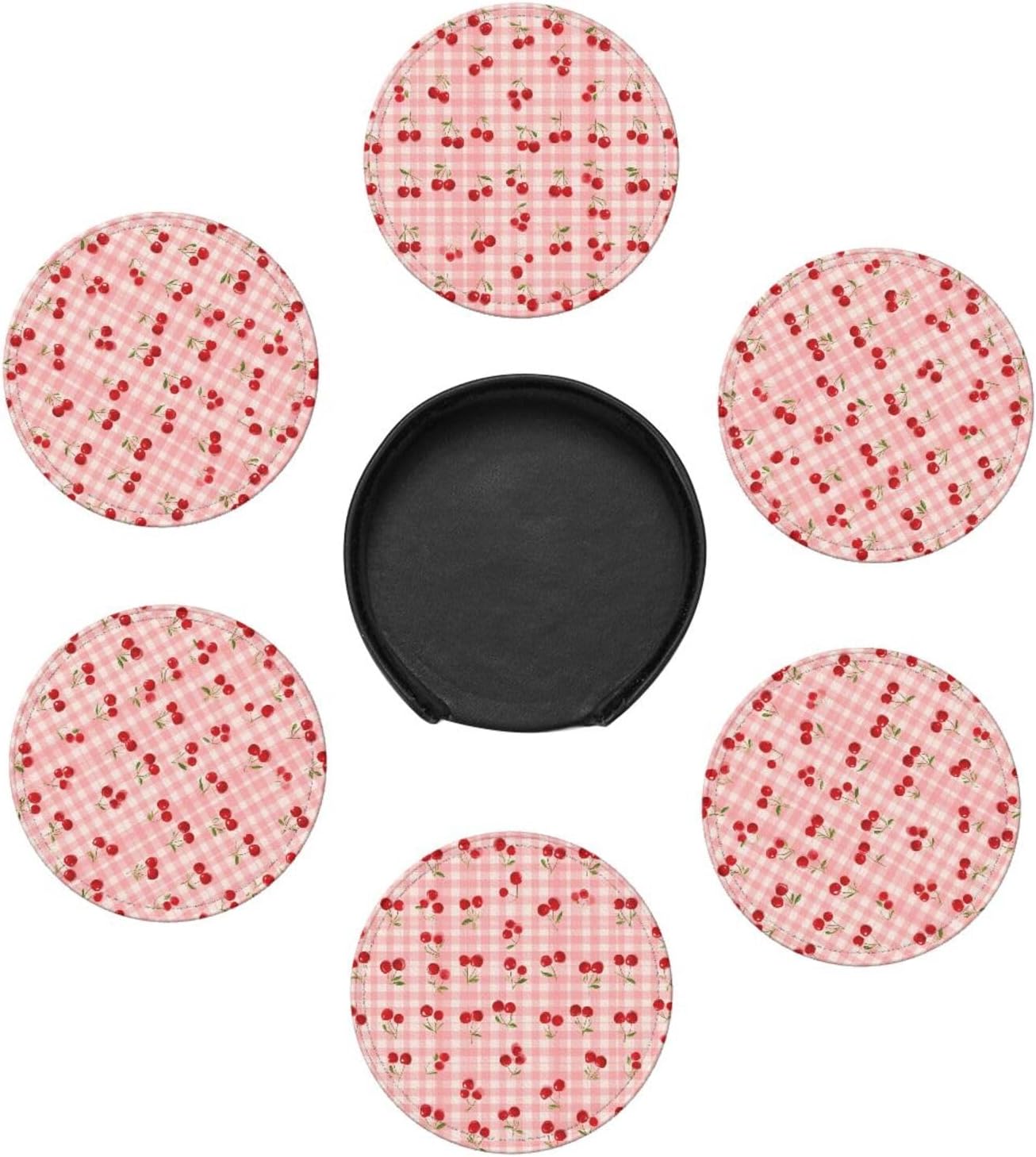6 Pack Cherry Pink Gingham Leather Coasters with Holder–Cute Country Heat Resistant Drink Coasters Set for Coffee Wine Kitchen Office Bar Table Decor,Round