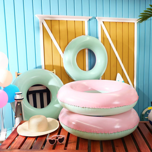 4 Pcs Inflatable Pool Floats for Adults Pastel Inner Tubes Macaron Pool Rings Floaties for Birthday Beach Swimming Shower Bachelorette Party Decorations(Green,Pink,28'')