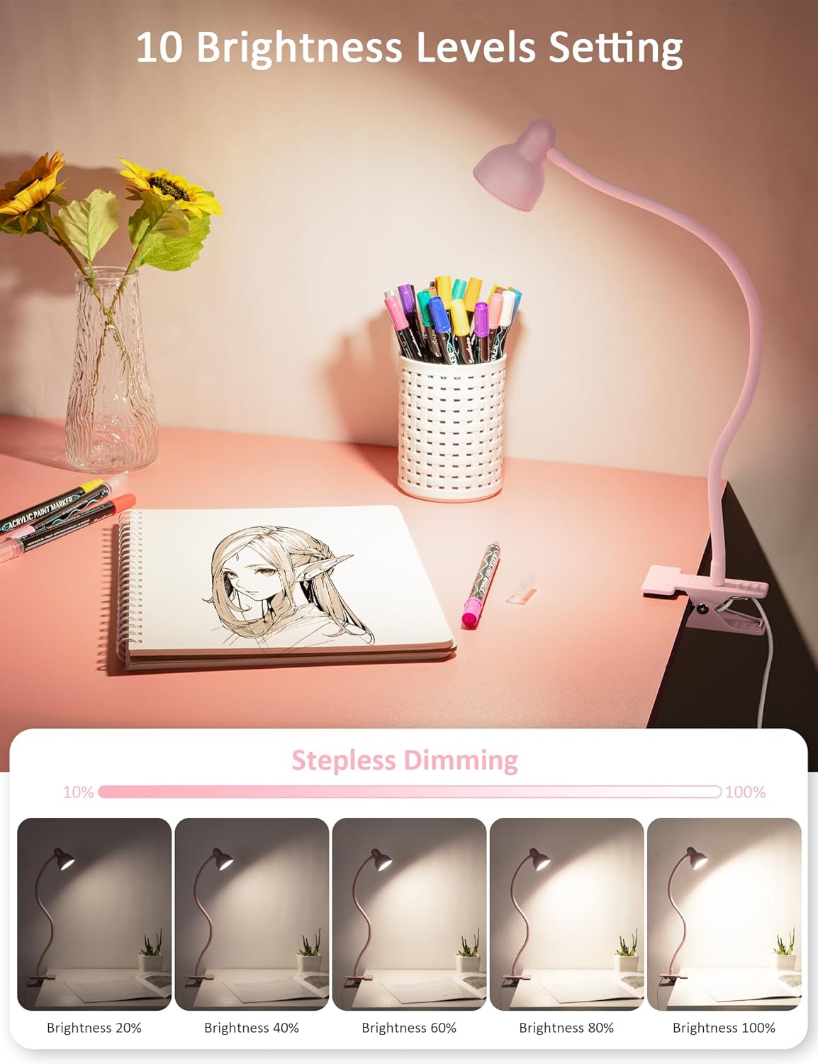 LiFMIRA Pink Small Desk Lamp Clip on Reading Light for Bed 3 Colors 10 Brightness Dimmable Flexible Gooseneck Clip on Light for Bed Headboard College Dorm Room