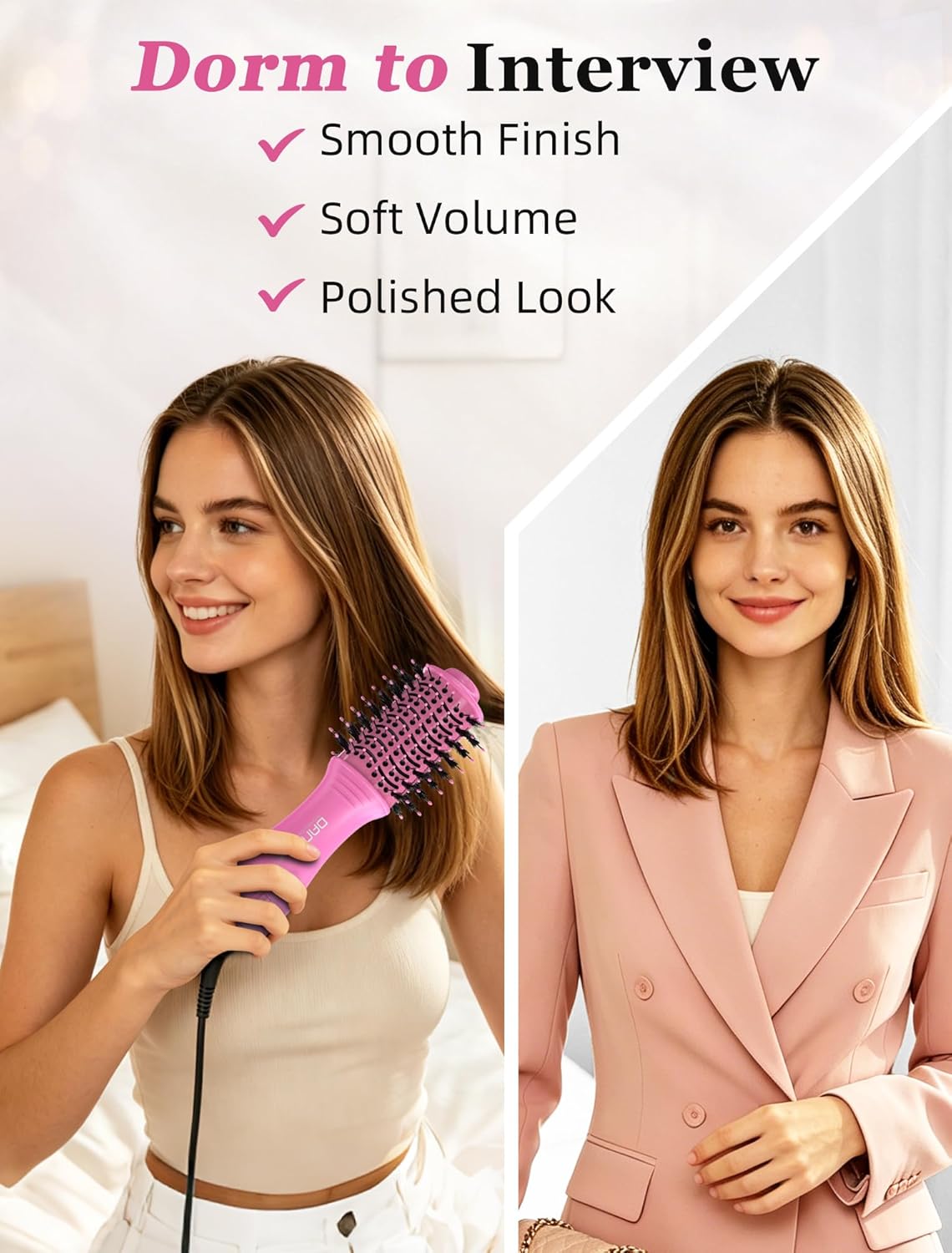 Mini Travel Ceramic Blow Dryer Brush for Short to Medium Hair, 2 Inch Oval Styling Hot Air Brush with 3 Heat Settings, Lightweight Volumizing & Smoothing Tool, 120V, Pink
