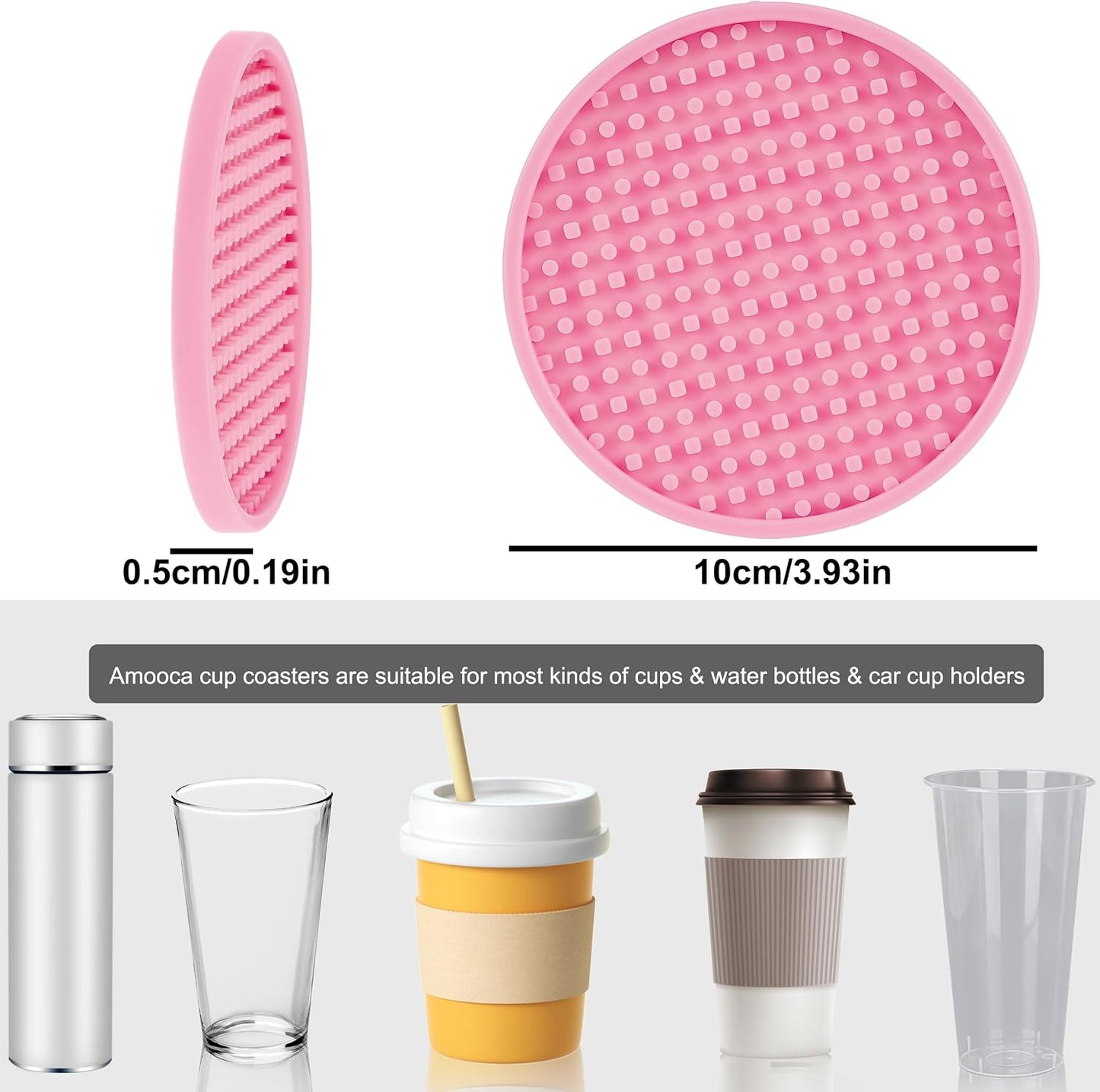 Amooca Silicone Coasters 8 Pack with Holder Anti-Slip Non-Stick Drink Coaster Deep Tray Cup Mat for Hot or Cold Drinking Peach Pink Dots