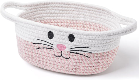 STOBSK Small Woven Baskets for Organizing with Handle Cute Cotton Basket for Nursery Gift Dog Cat Toy Storage Basket for Toy Organizer-Pink