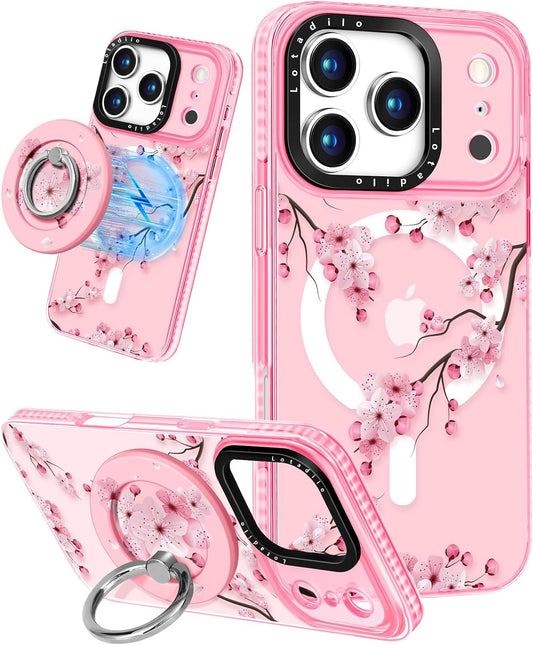 Lotadilo for iPhone 17 Pro Max Case Compatible with Magsafe Ring Holder Stand - for Women Peach Blossom Design TPU Phone Cover for Girls Girly Funny Fashion