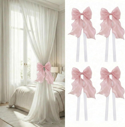 4 Pack Silky Bow Curtain Tiebacks, Lace Ribbon Bowknot Holdbacks, Elegant French Bow Tiebacks for Weddings, Home, Bedroom, Office Decor (Pink)
