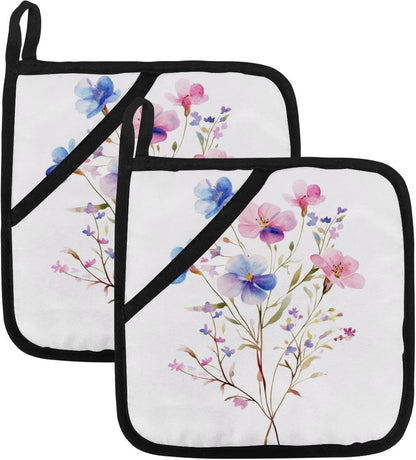 Heat Resistant Pot Holder Set, Light Pink Blue and Purple Floral Leaves Hot Pads Potholder for Kitchen, Washable Oven Mitts for Cooking Baking Pans