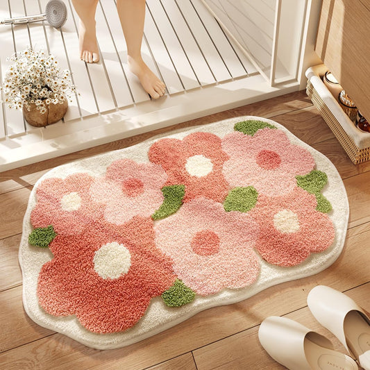 Floral Bathroom Mat Cute Absorbent and Non Slip Bath Rug Machine Washable Bath Rug for Dining Room, Kitchen and Living Room (31"x20", Pink Flowers)