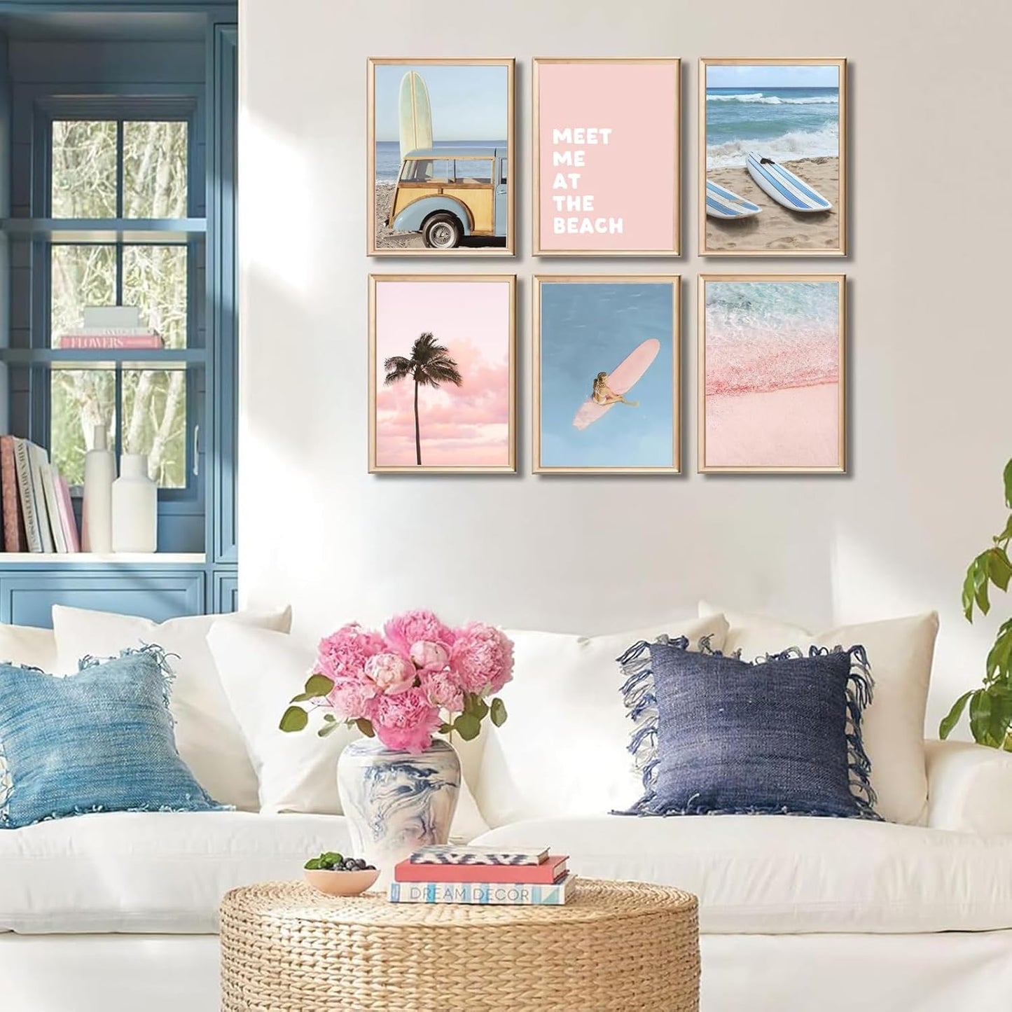 6Pcs Pastel Beach Wall Art Prints Pink Blue Coastal Granddaughter Wall Decor Pictures Summer Beachy Palm Trees Aesthetic Posters for Girly Bedroom Dorm Apartment Home Decoration Unframed 8x10in