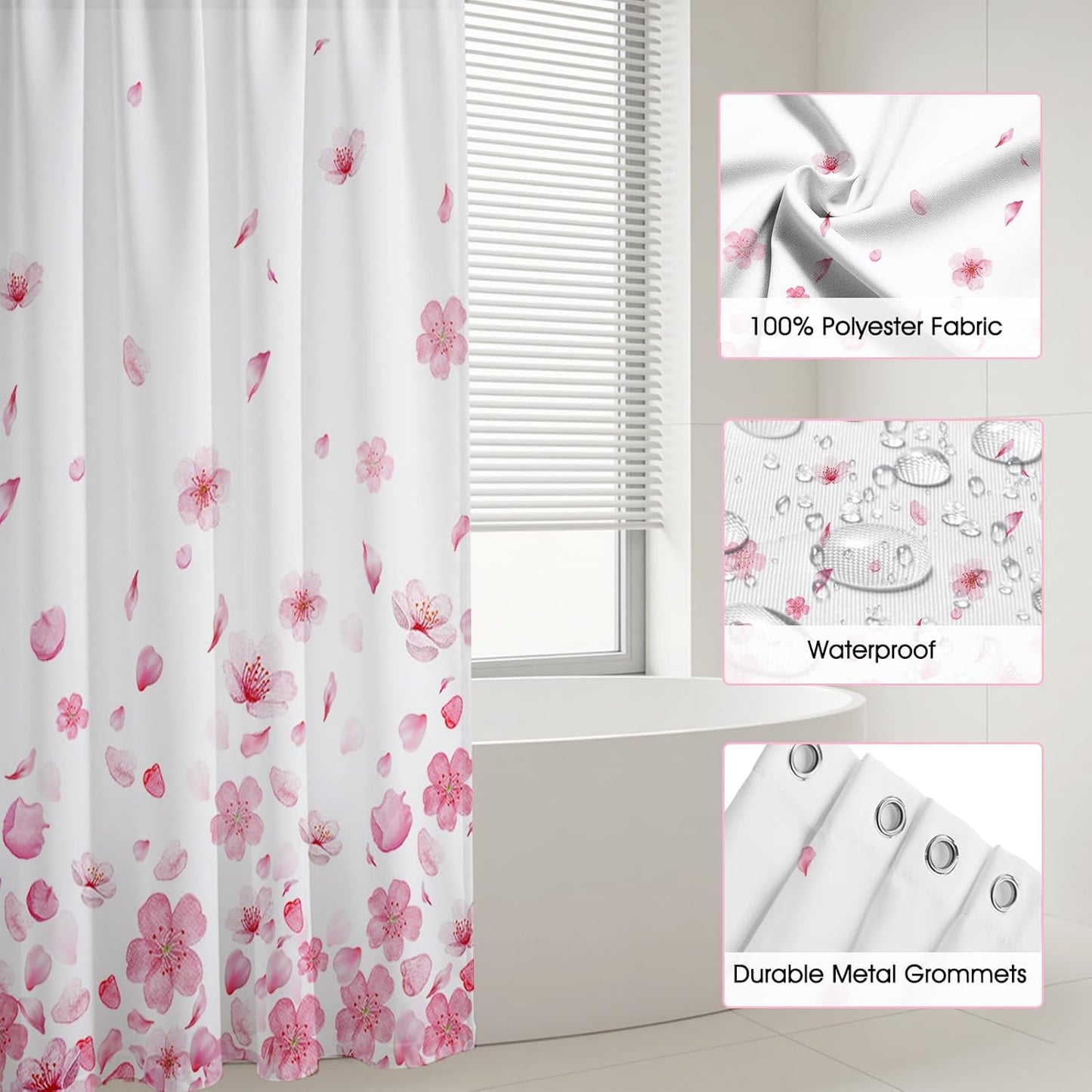 Mocsicka Pink Floral Shower Curtain Pink Petal Spring Cherry Blossom Bathroom Shower Curtain Flower Waterproof Fabric Shower Curtains Bathtub Decor with 12 Hooks 72 X 72 Inch (Pink)