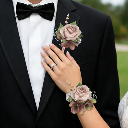 Pink Corsage and Boutonniere Set, Boutonniere for Men, Wrist Corsage Bracelets Rose Buttonholes Suit Decoration for Prom, Wedding, Party, Bride, Bridesmaids(Pink)