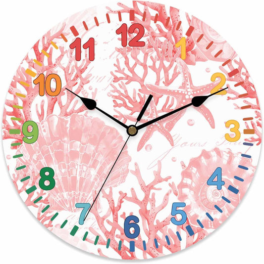 Wall Clock Pink Starfish Conch Clocks PVC Silent Non-Ticking Battery Operated Decorative Colorful Teaching Coral Shell Round Clock for Kids Room Living Room Bedroom Office School Wall Decor 10 Inch