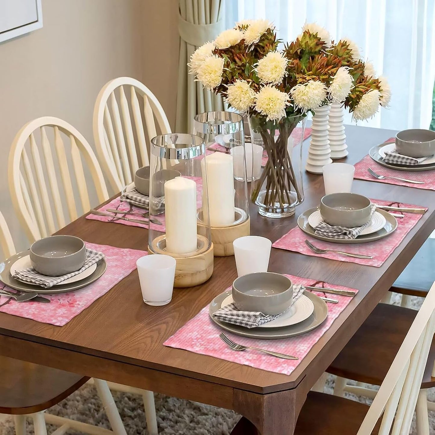 Pink Cherry Blossoms Placemats Set of 6 Floral Branch Asian Japanese Style Place Mats Spring Flower Rectangular Linen Table Mat for Party Kitchen Dining Indoor Outdoor Decoration 12x18 Inch