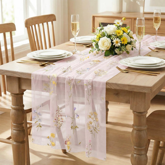 Artoid Mode Wildflower Floral Light Pink Gauze Embroidery Table Runner 120 Inch 10FT, Tulle Seasonal Spring Kitchen Dining Table Decor for Home Party