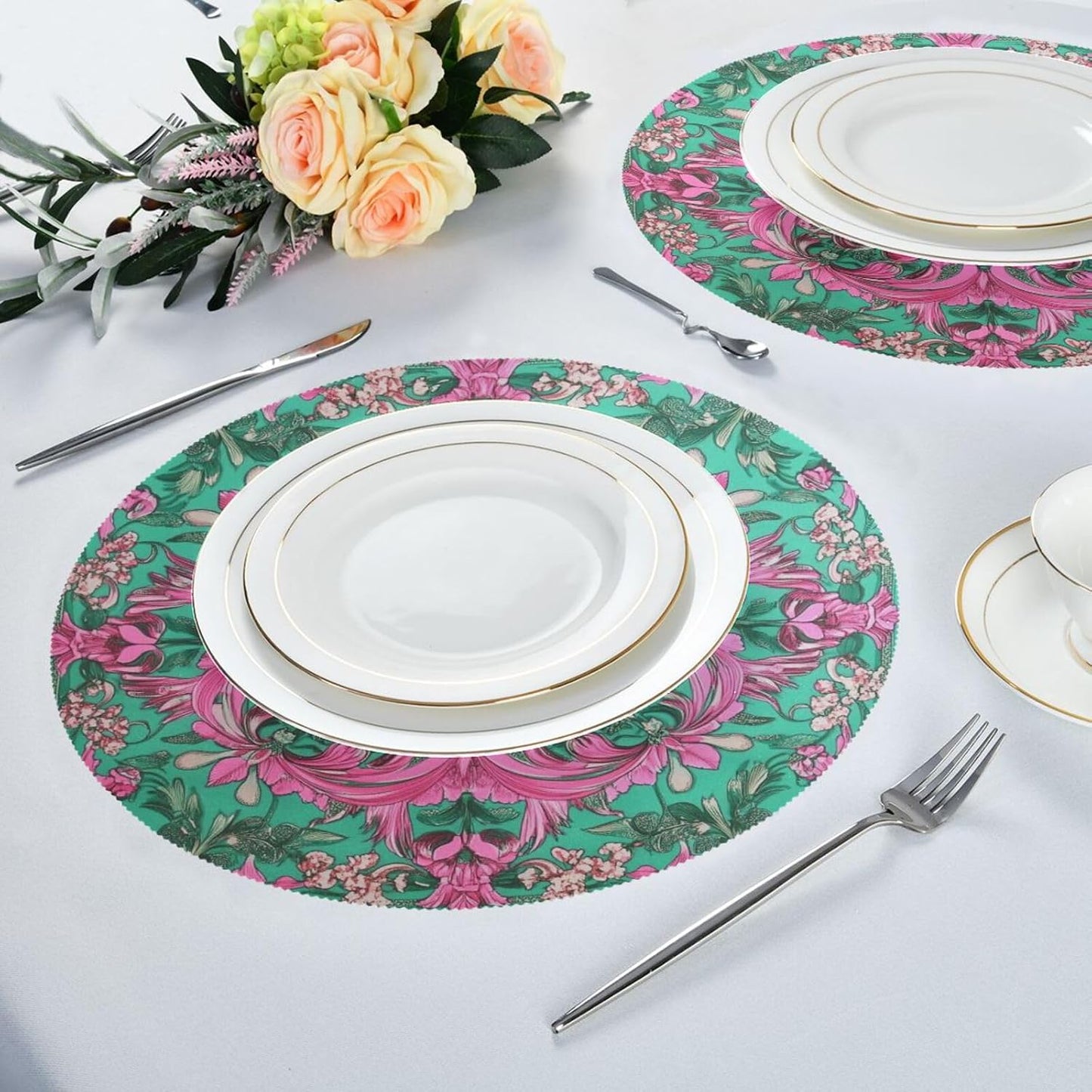Retro Flower Pattern Peach and Green placemates Round Reusable Chalkboard placemats placemats Washable Burlap Plates placemats Heat Resistant Waterproof Christmas Table placemats Set of