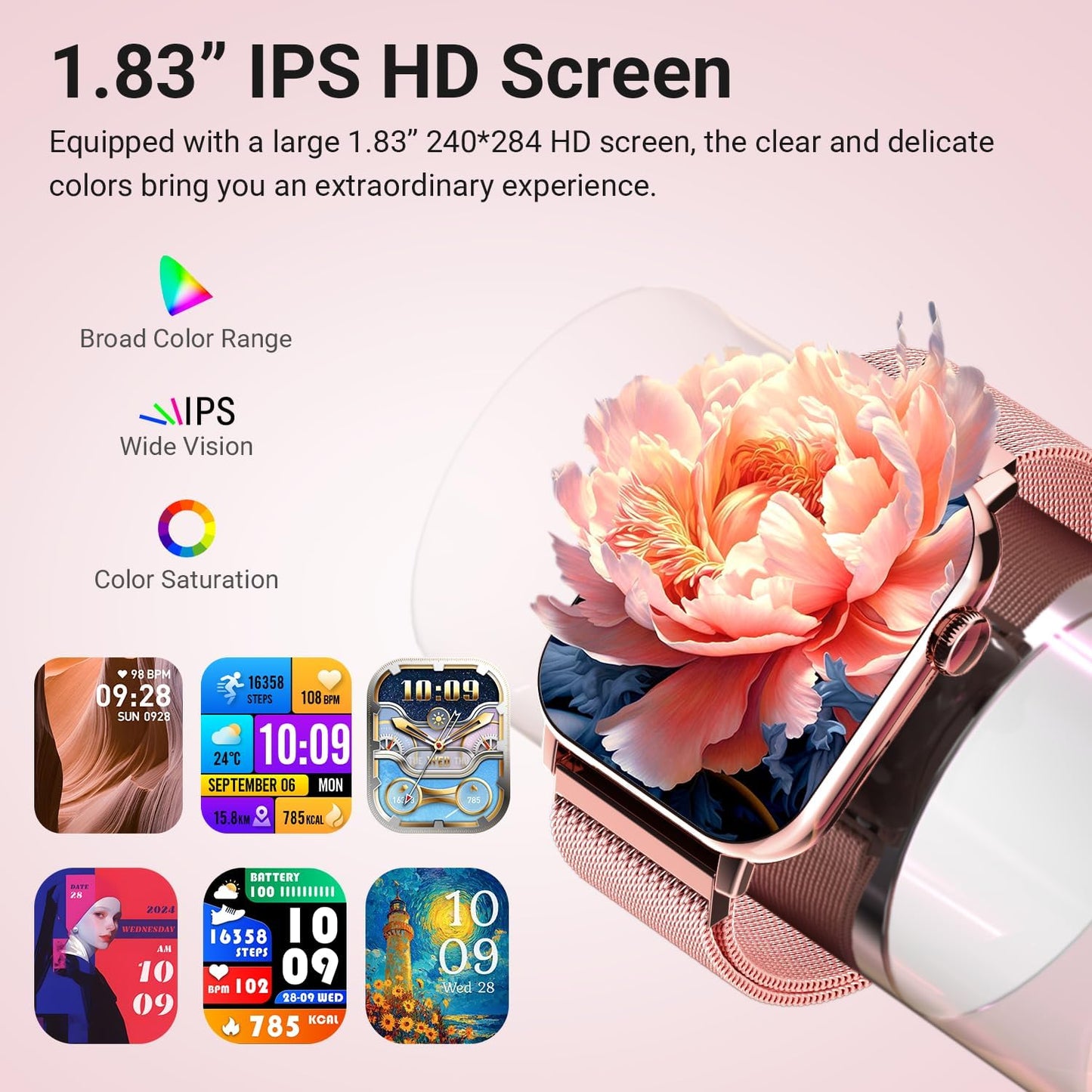 Trendia Smart Watches for Women, 1.83'' HD Fitness Tracker with Answer/Make Calls, Heart Rate/Sleep/SpO2 Monitor, 120+ Sport Modes, IP68 Waterproof, Compatible iPhone/Android Rose Pink