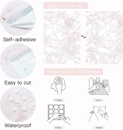 Dimoon 78.7"x17.3" Peel and Stick Wallpaper Floral Contact Paper Boho White Pink Flower Wallpaper Removable Wall Paper Self Adhesive Modern Contactpaper for Cabinets Drawers Bedroom Thicken Vinyl