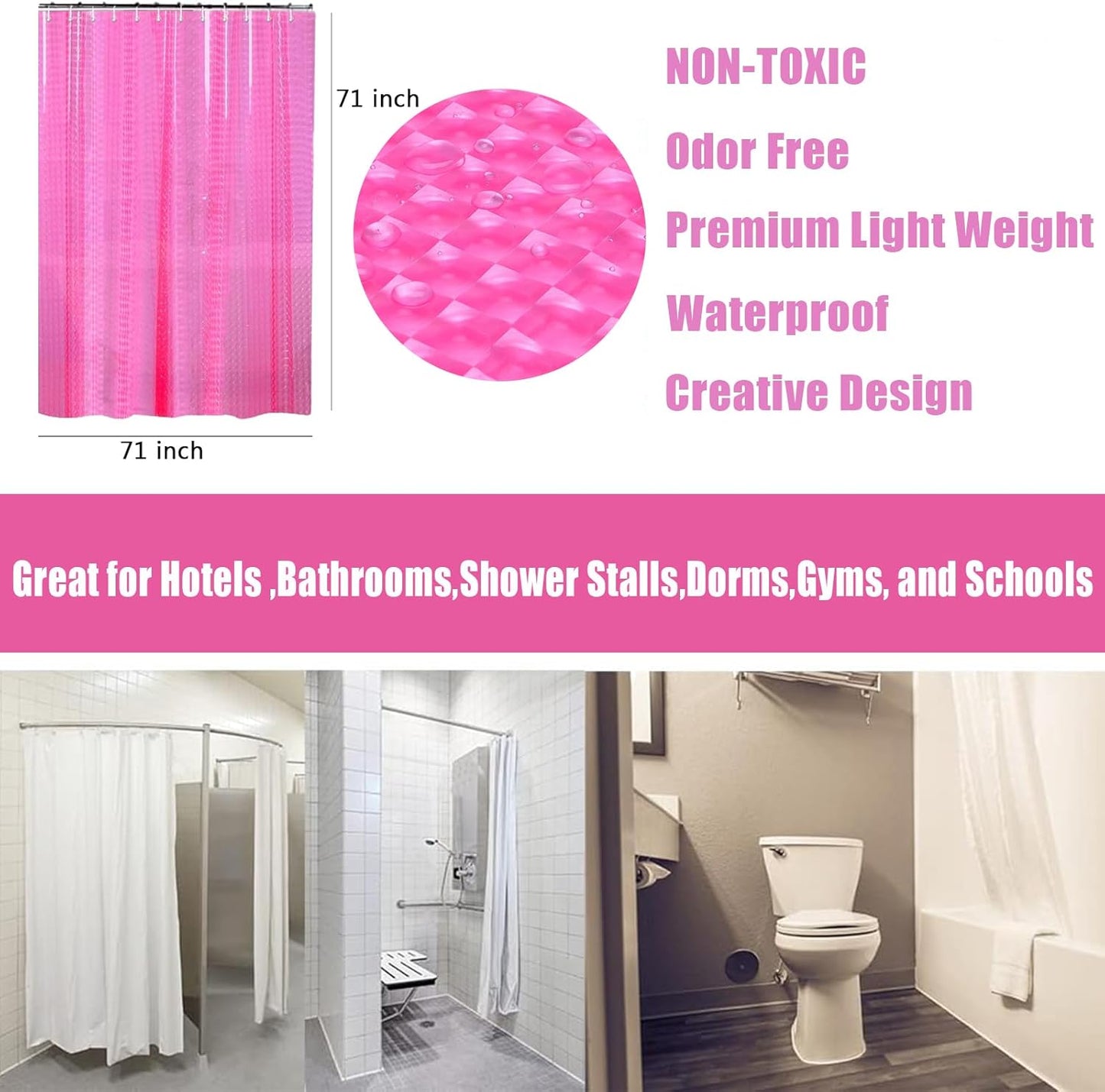 EVA Shower Curtain Liner Hot Pink 3D Water Cube Clear for Bathroom with 12 Rust Proof Metal Grommets, Clear EVA Liner for Girly Bathroom Stall 71x71 Inches