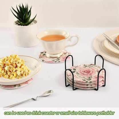 Pink Roses Coasters with Holder 6 Pcs for Drink Cup Table Home Decor Bar Housewarming Gift