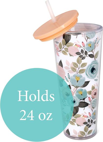 Mary Square SH00059 Peachy Pink Floral Foliage 24 ounce Acrylic Travel Tumbler with Straw For Iced Coffee or Water