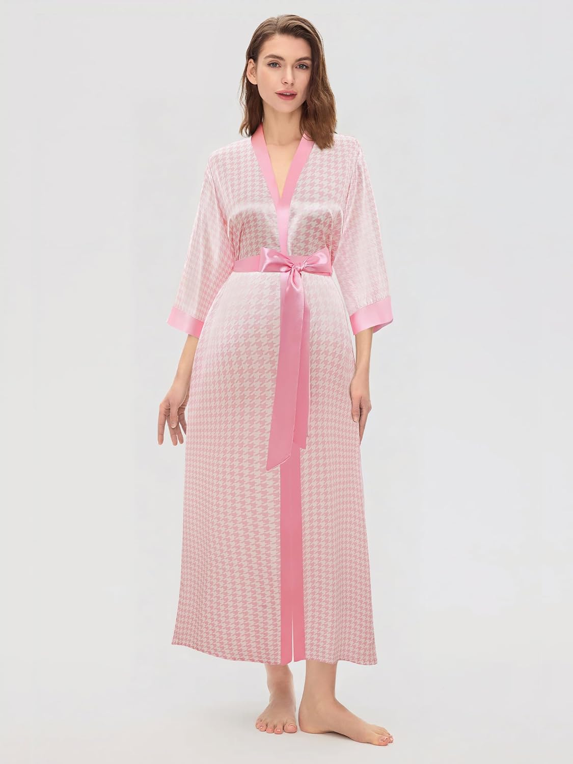PRODESIGN Kimono Robes for Women - Houndstooth Satin Sleepwear Silky Nightgown Bathrobe Dressing Gown Blouse Cardigan Robe