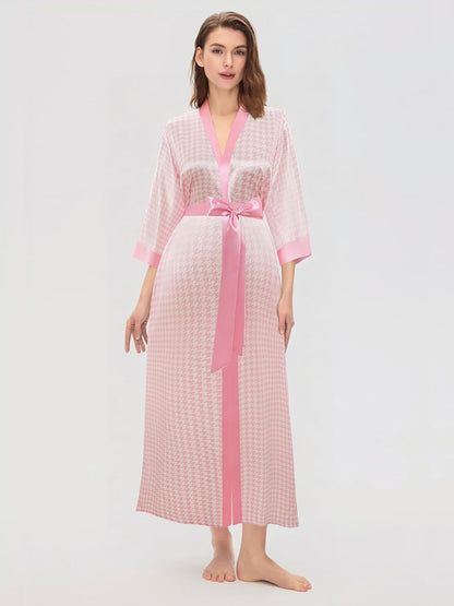 PRODESIGN Kimono Robes for Women - Houndstooth Satin Sleepwear Silky Nightgown Bathrobe Dressing Gown Blouse Cardigan Robe