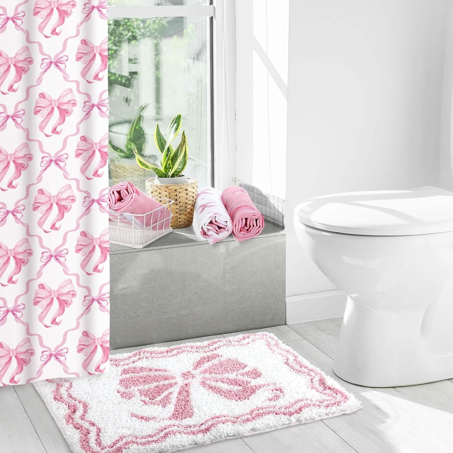 Fourluoo 18 Pcs Pink Bow Shower Curtain Set with 12 Decorative Shower Curtain Hooks Pink Bow Knot Bathroom Towels Coquette Non Slip Absorbent Microfiber Rug for Christmas Modern Aesthetic Bathroom