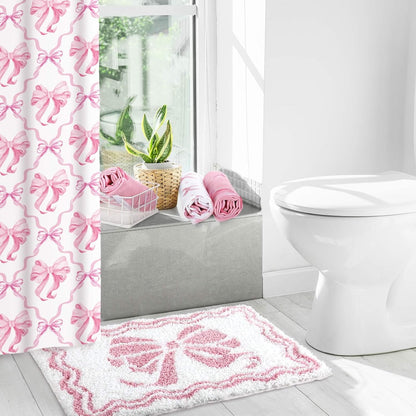 Fourluoo 18 Pcs Pink Bow Shower Curtain Set with 12 Decorative Shower Curtain Hooks Pink Bow Knot Bathroom Towels Coquette Non Slip Absorbent Microfiber Rug for Christmas Modern Aesthetic Bathroom