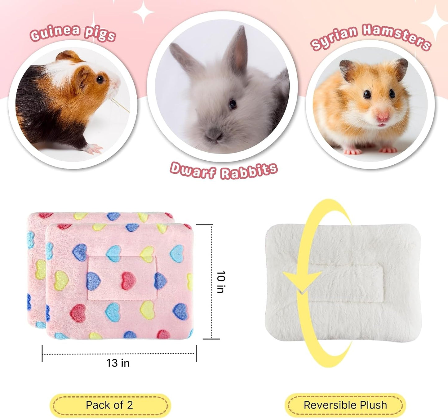 2 Pcs Bunny Bed, Washable Rabbit Bed, Double-Sided Fleece Sleeping Pad for Guinea Pig, Dwarf Rabbit, Chinchilla, Ferret, Hamster, Warm Small Animal Cage Mat, 13x10in, Pink Heart