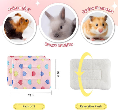 2 Pcs Bunny Bed, Washable Rabbit Bed, Double-Sided Fleece Sleeping Pad for Guinea Pig, Dwarf Rabbit, Chinchilla, Ferret, Hamster, Warm Small Animal Cage Mat, 13x10in, Pink Heart