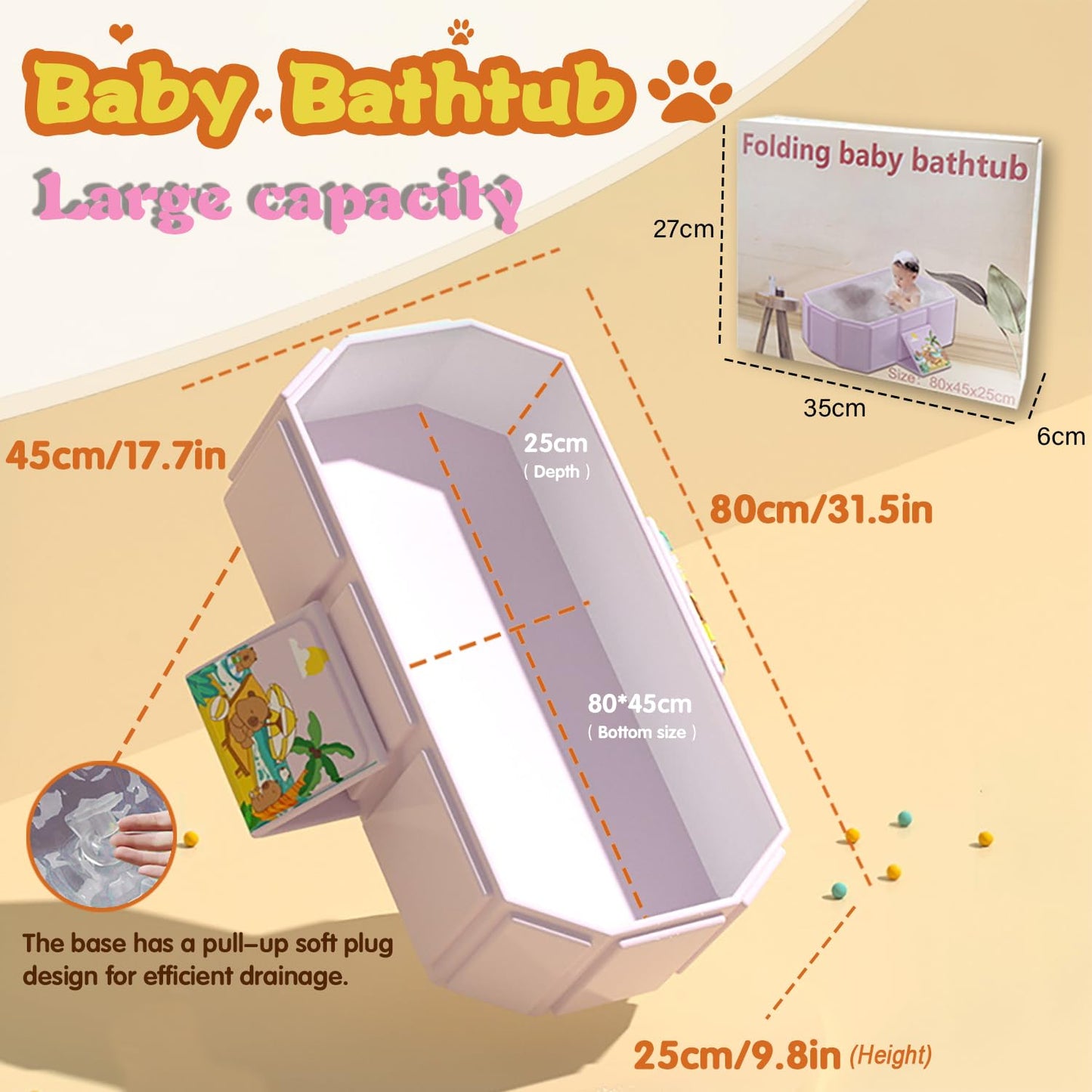 Baby Foldable Children's Bathtub, Portable Non-Slip Shower Tray for Kids, Toddler Bath Tub with Drain Plug, Boys and Girls Bathroom Water Pool, Cat and Dog Pet Wash Shower Basin (Pink)
