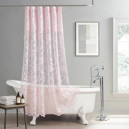 Pink Lace Shower Curtain with Tassels,Luxury Floral Sheer Romantic Bath Curtains for The Bathroom,72" W x 72" H