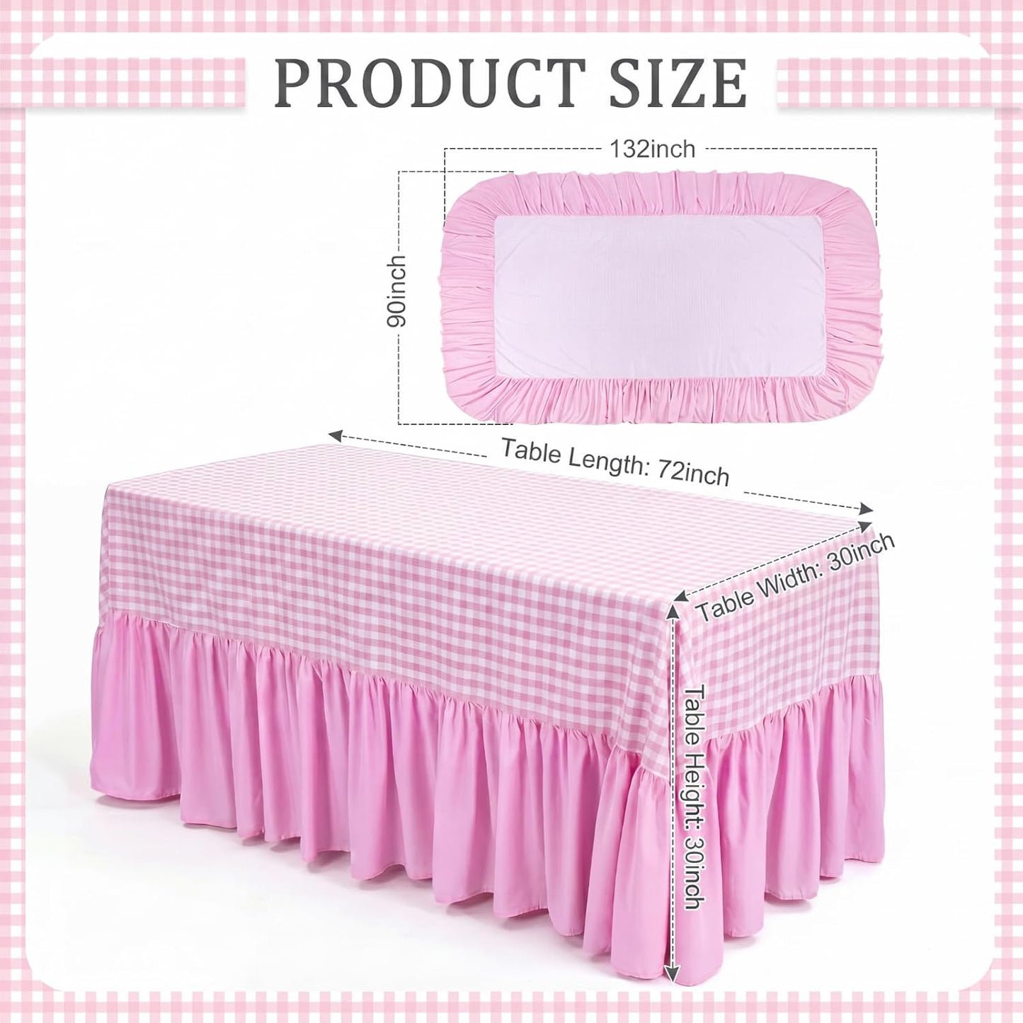 Pink Gingham Tablecloth with Ruffle Table Skirt for Seat 8-10, 132 x 90'' Fabric Plaid Checkered Scalloped Tablecover, Rectangle Picnic Party Decor Tablecloth for Wedding Baby Shower (Gingham)