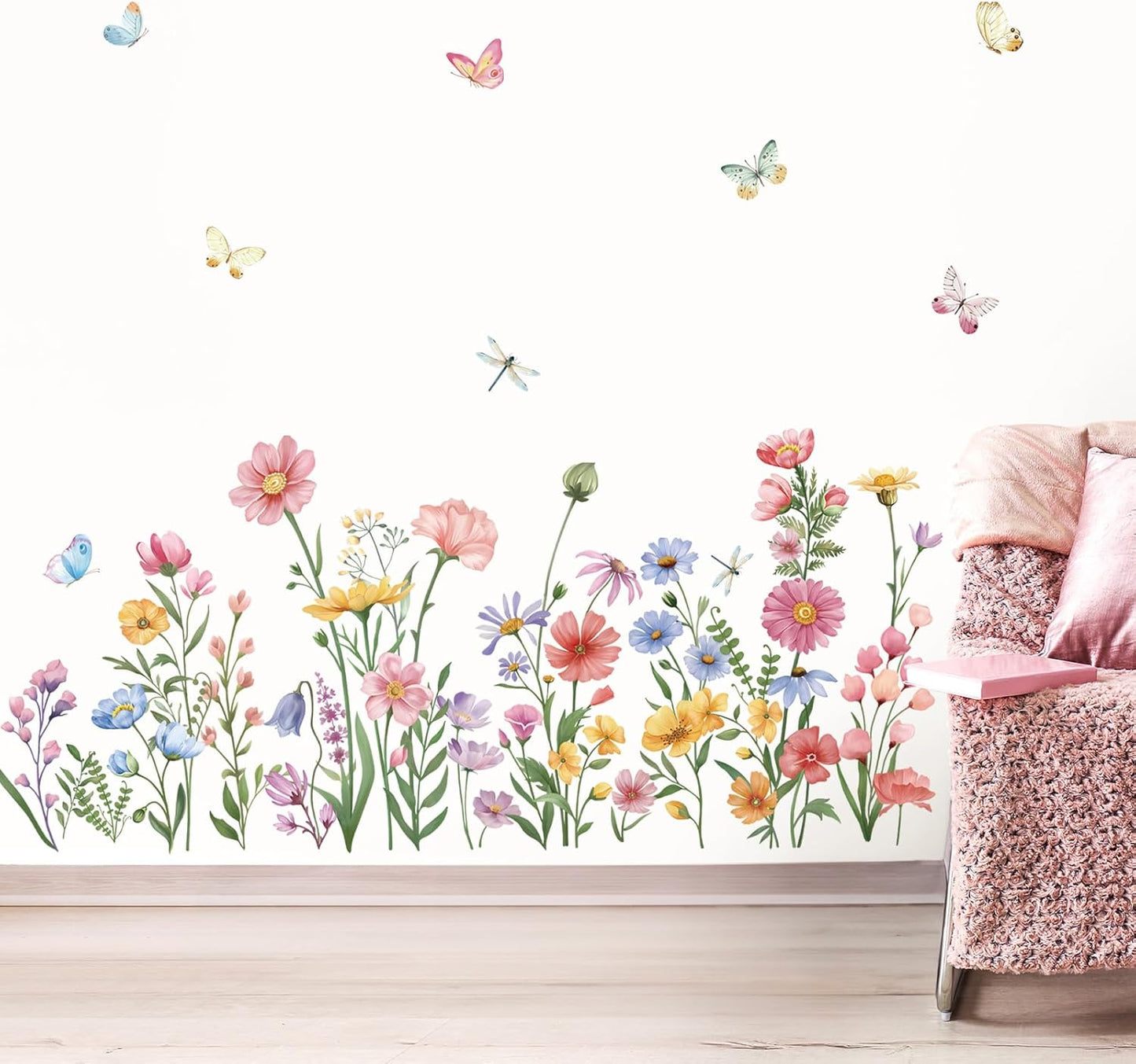 wondever Pink Wildflower Wall Stickers Garden Flower Daisy Butterflies Floral Botanical Wall Art Decals for Bedroom Living Room Sofa