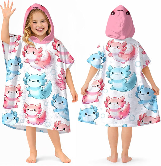 Axolotl Kids Hooded Beach Towel Wrap for 4-12 Years, Soft Absorbent Bath Poncho with Pink Axolotl Bubbles Print, Quick Dry Swim Cover Up for Pool, Beach, Vacation and Bathroom, 31x39 Inch