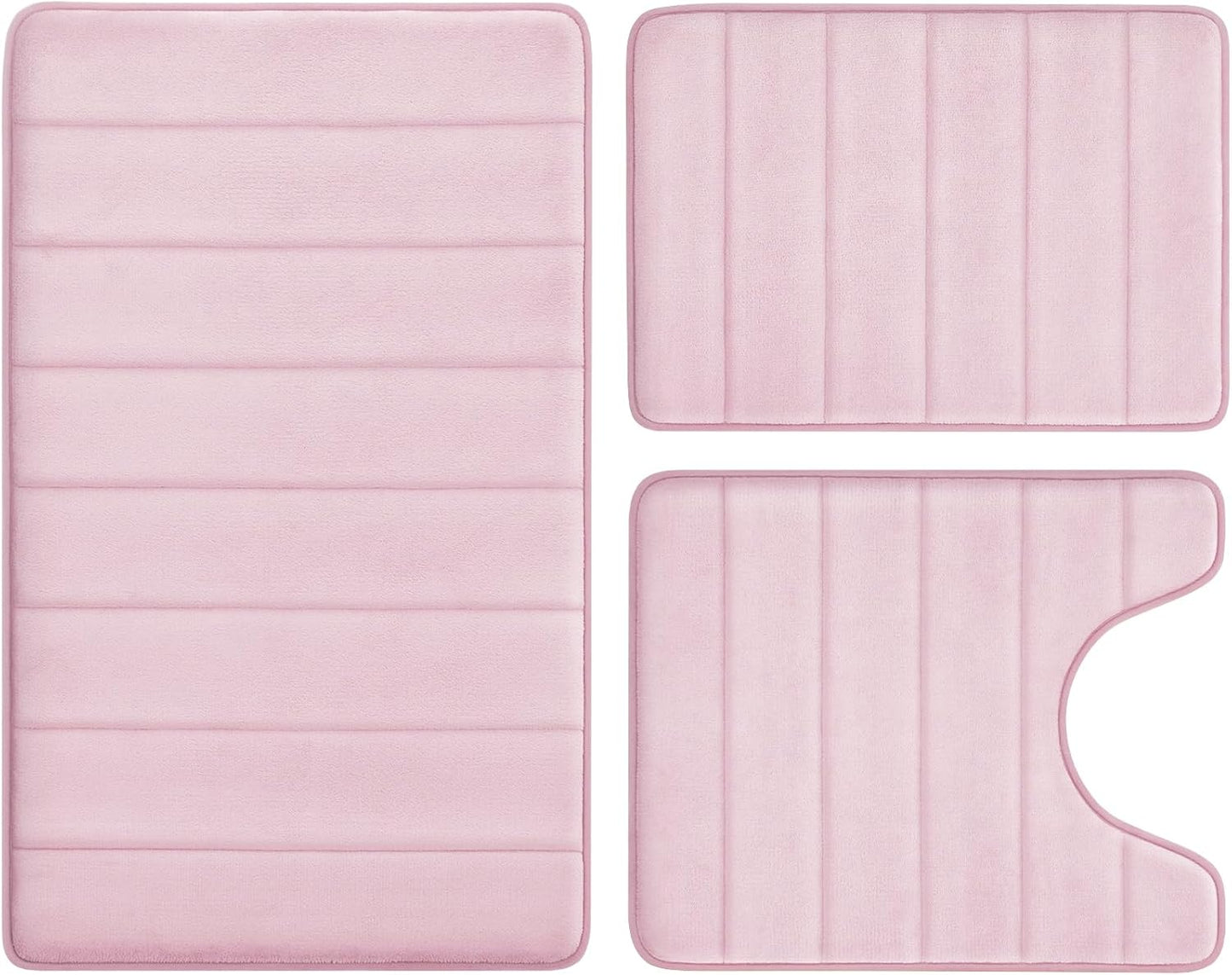 BYSURE Pink Memory Foam Bathroom Rug Set 3 Piece, Non Slip Extra Soft Absorbent Machine Washable Toilet Bath Toilet Mat (17"x24"+20"x32"+U Shape 20"x24")