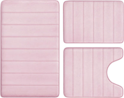BYSURE Pink Memory Foam Bathroom Rug Set 3 Piece, Non Slip Extra Soft Absorbent Machine Washable Toilet Bath Toilet Mat (17"x24"+20"x32"+U Shape 20"x24")