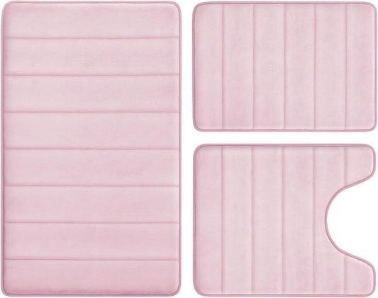 BYSURE Pink Memory Foam Bathroom Rug Set 3 Piece, Non Slip Extra Soft Absorbent Machine Washable Toilet Bath Toilet Mat (17"x24"+20"x32"+U Shape 20"x24")