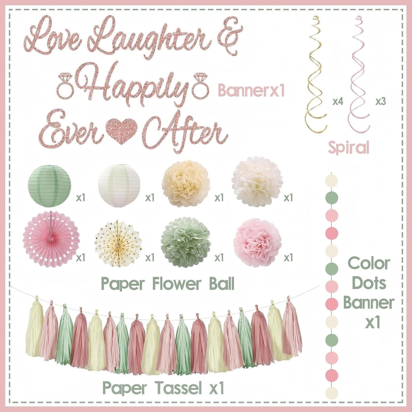 Bridal Shower Decorations,Sage Green Pink Bridal Shower Decorations Includes Love Laughter Happily Ever After Decorations Paper Flower Ball Wedding Decorations for Home Party Bachelorette Party