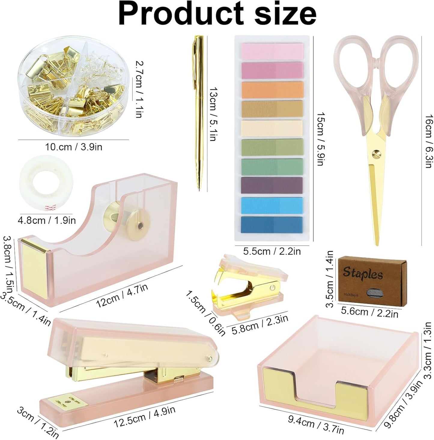MultiBey Pink Gold Acrylic Sticky Notes Holder Stapler and Tape Dispenser Cutter with Sticky Notes, 950 Staples & Tape, Staple Remover, Scissor, Ballpoint Pen, Paper Clips Set for Women Office Home