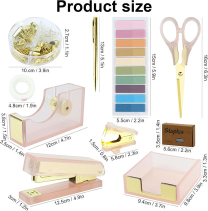 MultiBey Pink Gold Acrylic Sticky Notes Holder Stapler and Tape Dispenser Cutter with Sticky Notes, 950 Staples & Tape, Staple Remover, Scissor, Ballpoint Pen, Paper Clips Set for Women Office Home