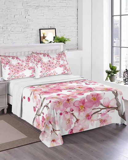 Full Size Flat Sheet Only, Spring Peach Flowers Soft Brushed Microfiber Bed Sheets, Pink Botanical Floral Leaves Branch Hotel Quality Breathable Bedding Top Sheet, Easy Care, 81"x96"
