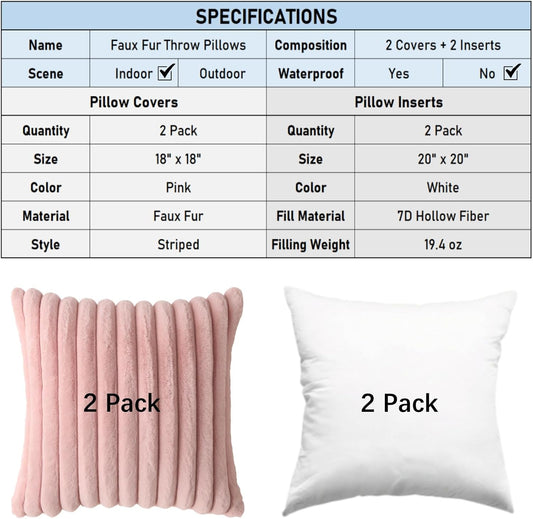 Decorative Throw Pillow with Inserts, Set of 2 Soft Faux Fur Throw Pillows, Square Boho Striped Pillow for Couch, Bed, Sofa Decor (Pink, 18" x 18"(Pack of 2))