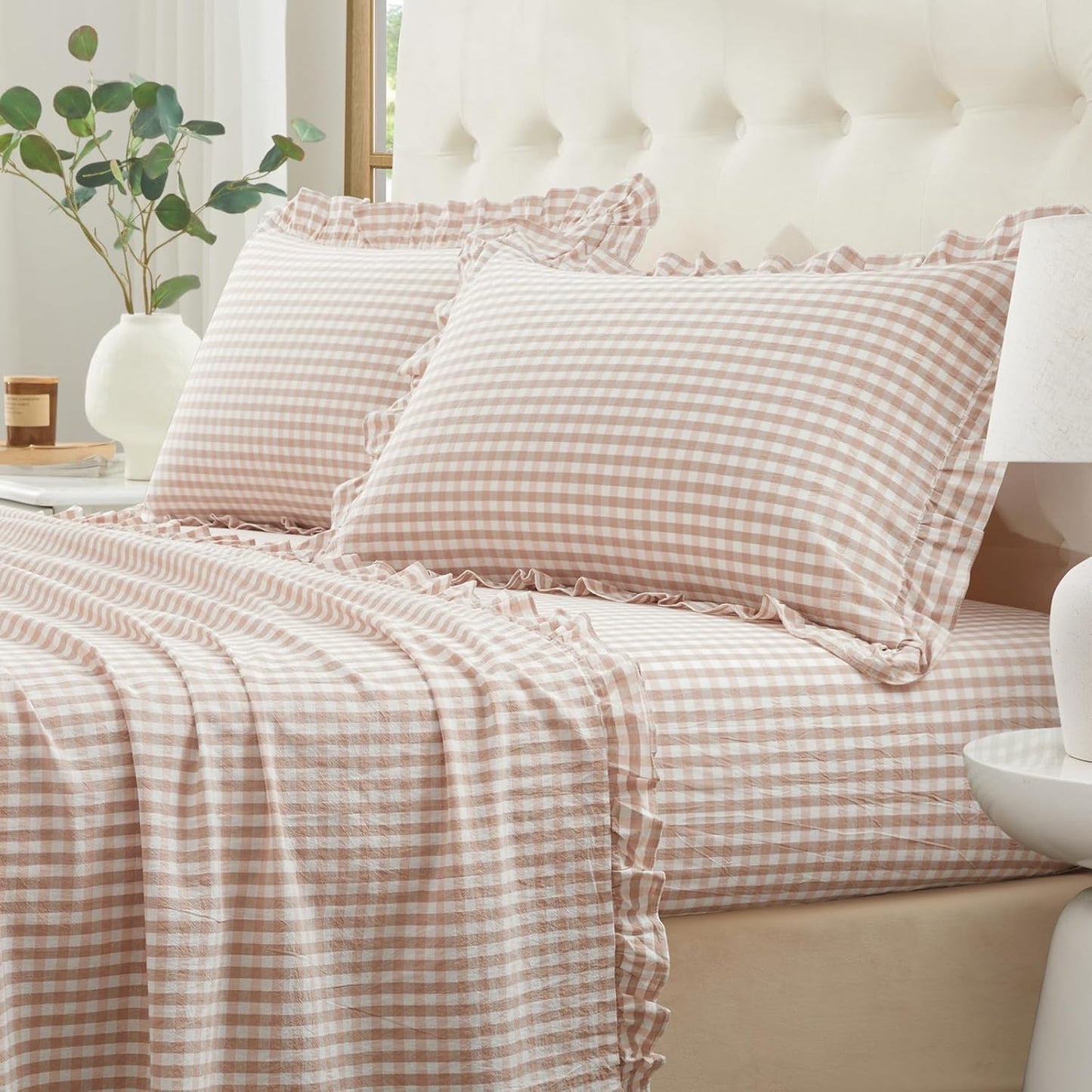 Ruffle Gingham Queen Sheet Set - 4 Piece Light Pink Plaid Cotton Bed Sheets Queen Size - 16 Inch Deep Pocket Checkered Ruffled Sheets Farmhouse Decor - Linen-Feel & Breathable