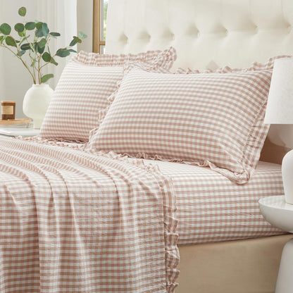 Ruffle Gingham Full Sheet Set - 4 Piece Light Pink Plaid Cotton Bed Sheets Full Size - 16 Inch Deep Pocket Checkered Ruffled Sheets Farmhouse Decor - Linen-Feel & Breathable