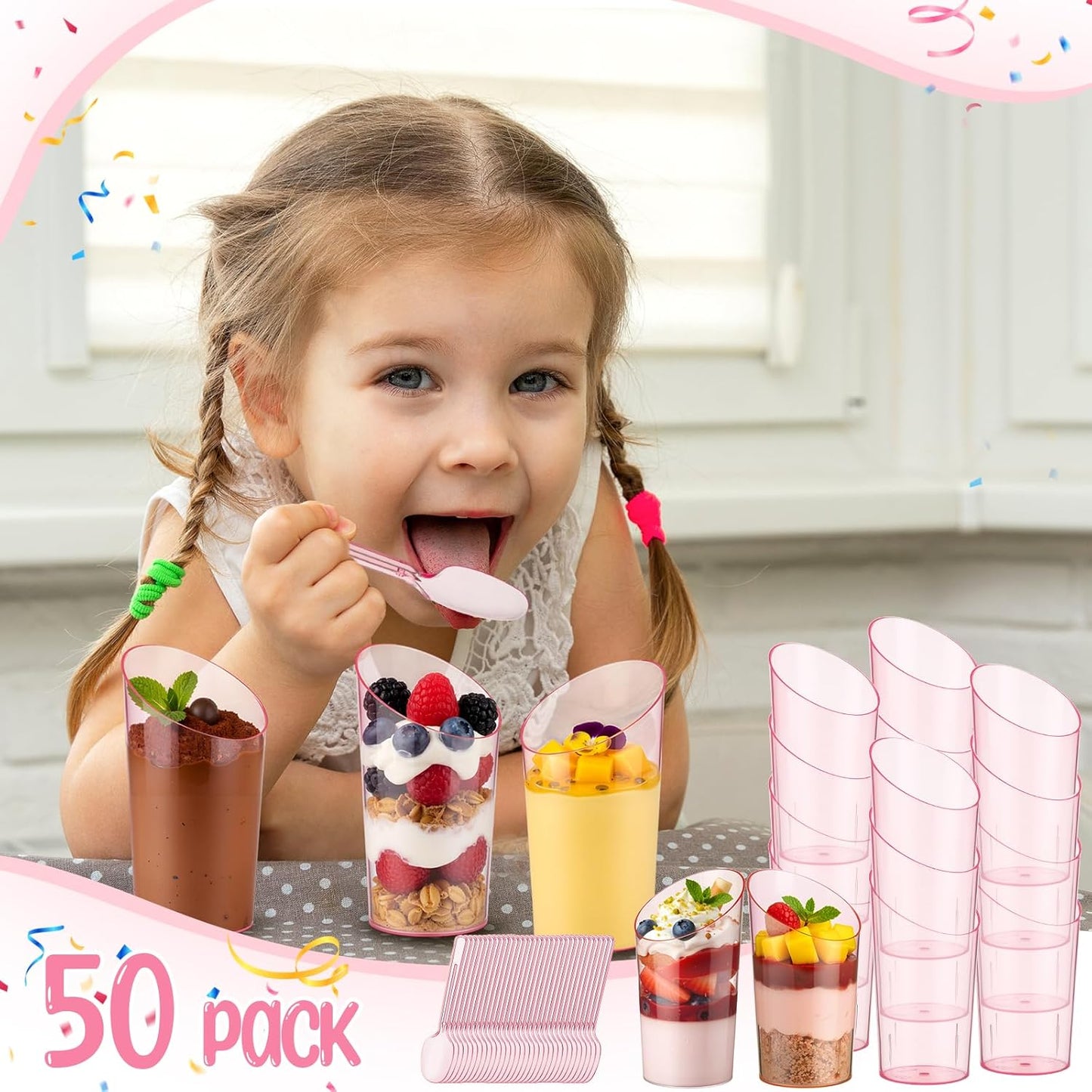 Newtay 50 Pcs 3oz Mini Slanted Dessert Cups with Spoons, Pink Ice Cream Cups for Graduation Party, Disposable Buffet Serving Bows for Birthday Wedding Brunch, Nuts Salad Snacks Yogurt