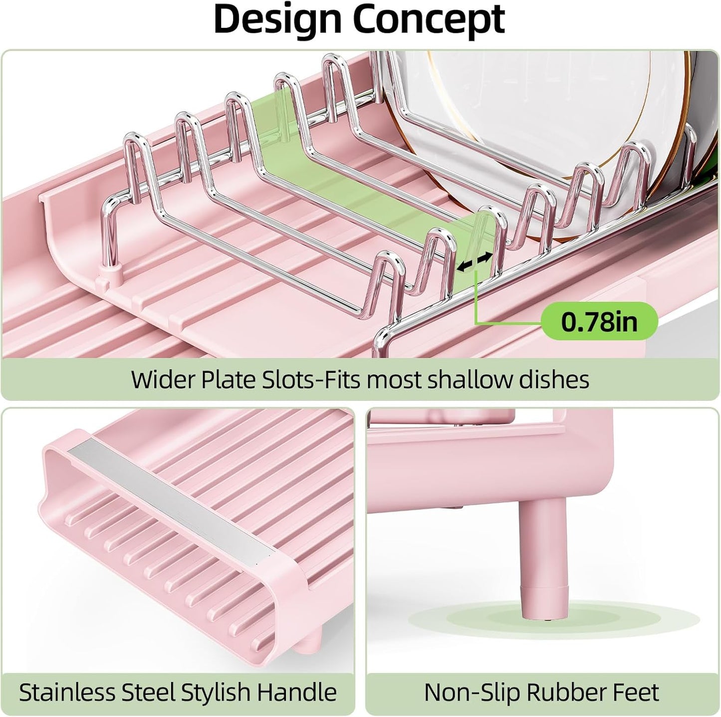 TOOLF Small Dish Drying Rack, Mini Expandable Compact Dish Rack, Slim Extendable Stainless Steel Dish Drainer for Kitchen Plate Storage, Space Saving Dish Strainer in Sink or on Home Countertop, Pink