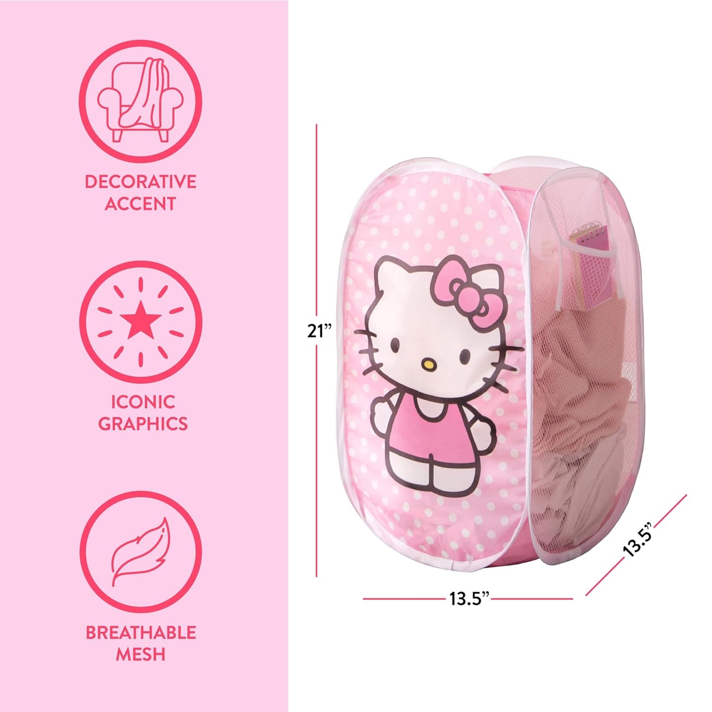 Sanrio Hello Kitty Pop-Up Hamper,Collapsible Laundry Basket with Durable Handles,Lightweight Storage Bin for Kids' Bedroom, Nursery, or Playroom,Pink