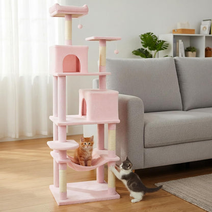 Tangkula Pink Cat Tree for Indoor Cats, 75 Inch Extra Tall Cat Tower with Sisal Scratching Post, Padded Top Perch, Dual Condos, Hammock, 2 Dangling Balls, Platforms, Multi-level Cat Climbing Furniture