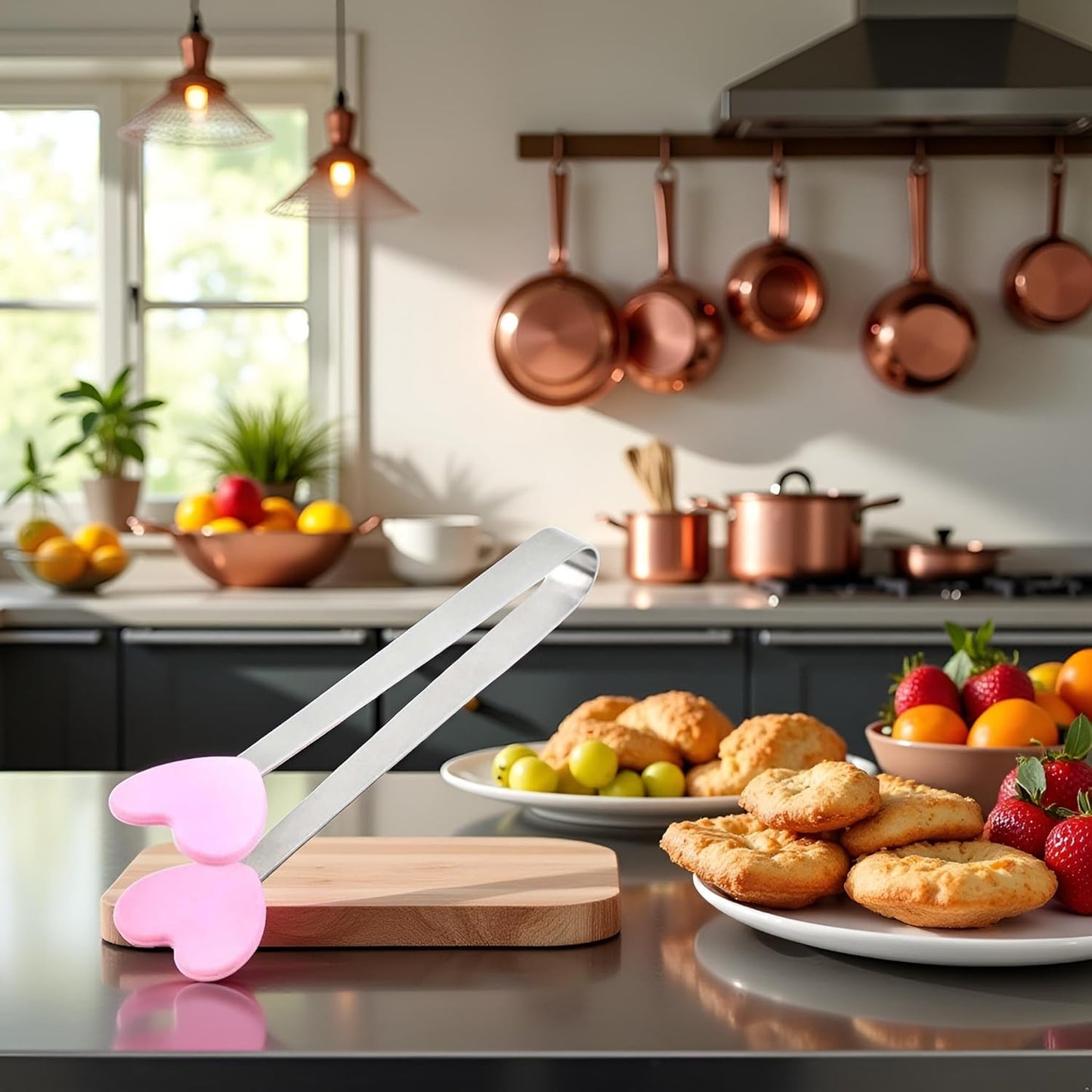 Pink Mini Hand Shape Tong Silicone Food Tongs Stainless Steel Kitchen Tongs Small Kids Tongs for Sugar Cubes, Serving Food, Salad Buffet Home and Kitchen (Heart Shape)