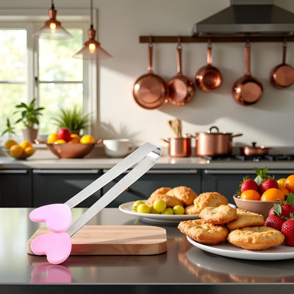 Pink Mini Hand Shape Tong Silicone Food Tongs Stainless Steel Kitchen Tongs Small Kids Tongs for Sugar Cubes, Serving Food, Salad Buffet Home and Kitchen (Heart Shape)
