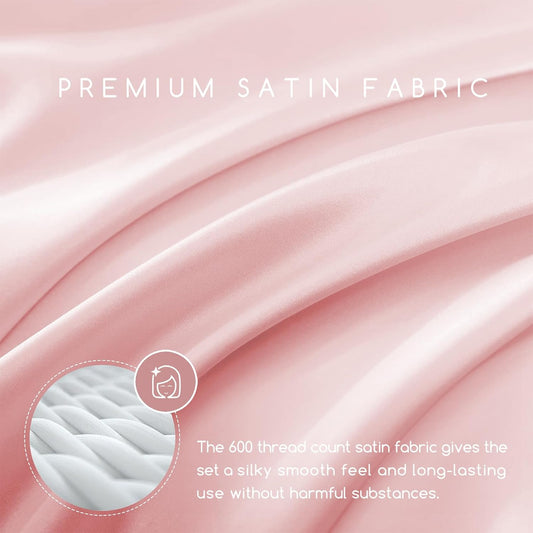 MR&HM Satin Bed Sheets, Queen Size Sheets Set, 4 Pcs Silky Bedding Set with 15 Inches Deep Pocket for Mattress (Queen, Light Pink)